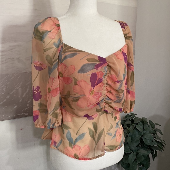 Lulus Living Life Blush Pink Multi Floral Print Ruched Puff Sleeve Top - Picture 5 of 6